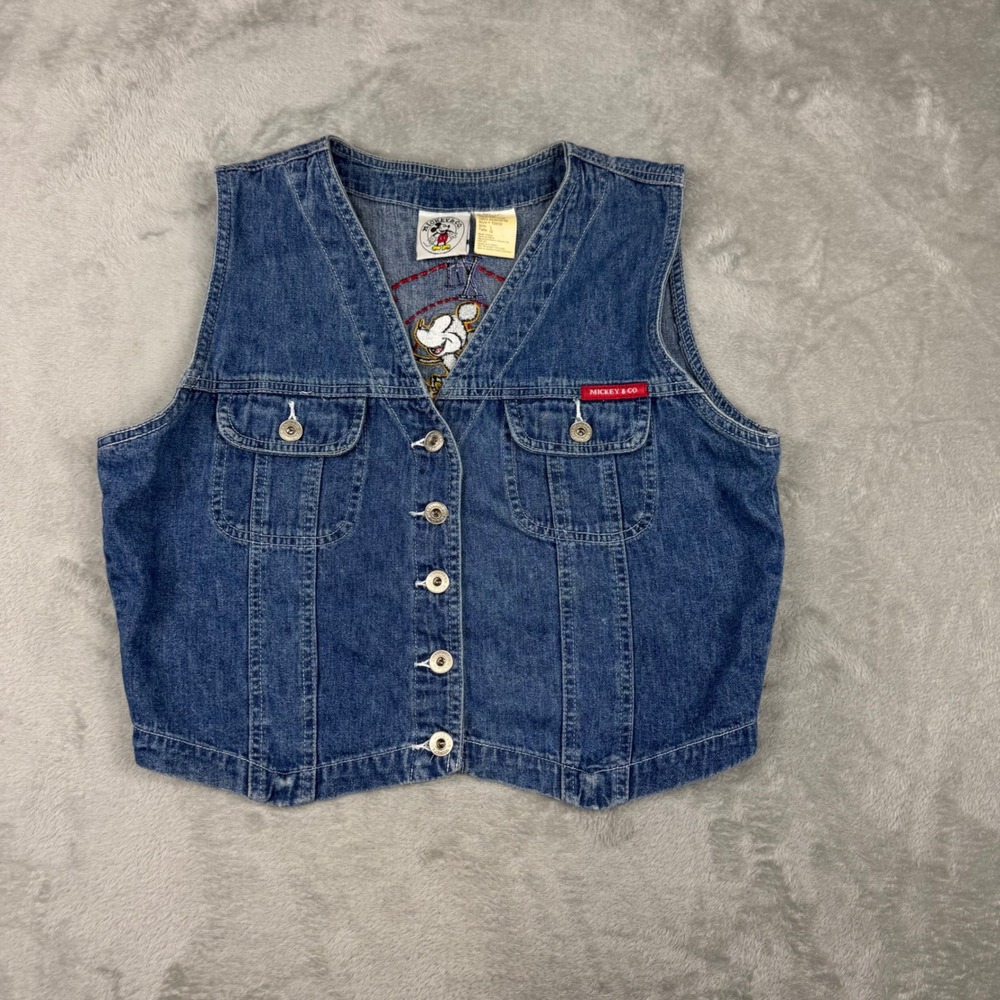 Disney Mickey & Co Denim Vest Women L Mickey Time Embroidered Jean Y2K vintage